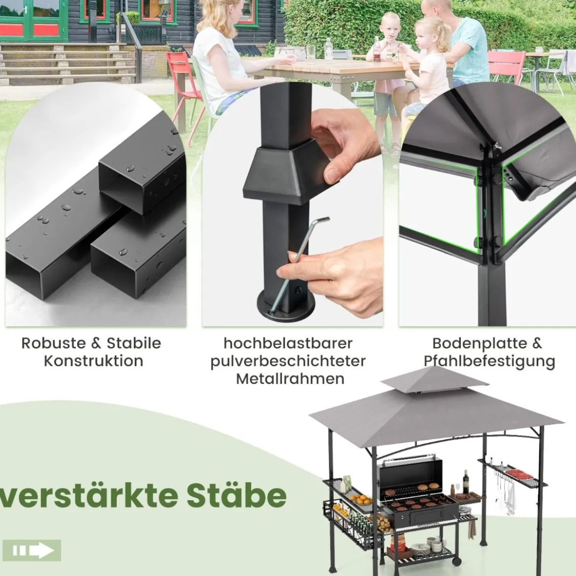 Grillpavillon mit Doppeldach & Seitenregalen & Metallkorb Grillüberdachungen Grillunterstand