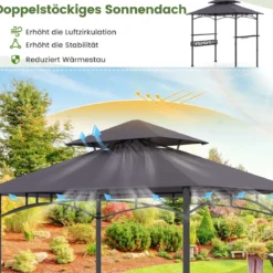 Grillpavillon mit Doppeldach & Seitenregalen & Metallkorb Grillüberdachungen Grillunterstand