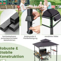 Grillpavillon mit Doppeldach & Seitenregalen & Metallkorb Grillüberdachungen Grillunterstand