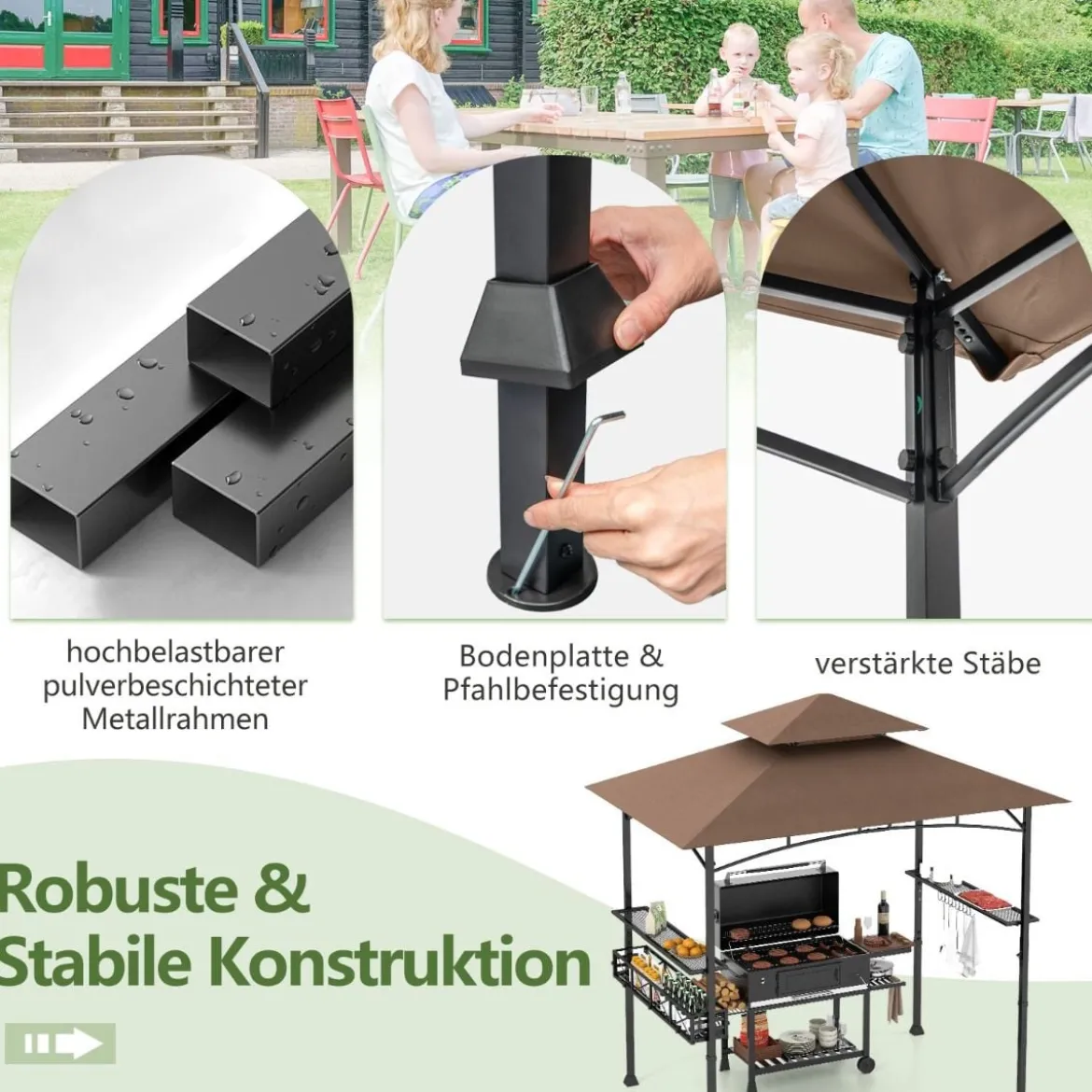 Grillpavillon mit Doppeldach & Seitenregalen & Metallkorb Grillüberdachungen Grillunterstand