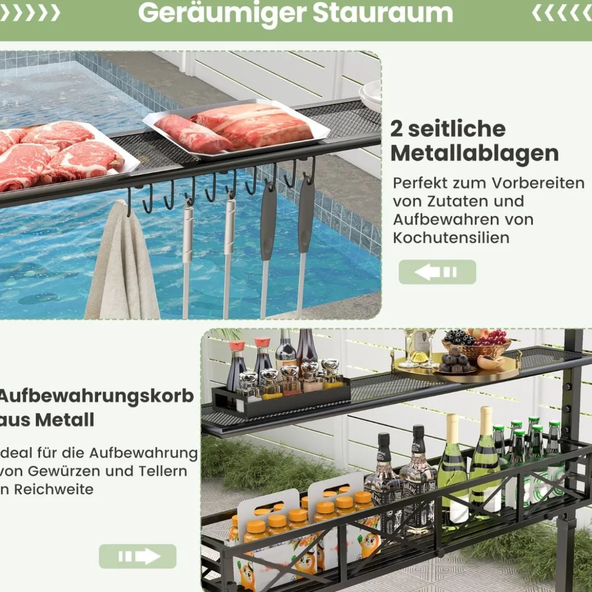 Grillpavillon mit Doppeldach & Seitenregalen & Metallkorb Grillüberdachungen Grillunterstand
