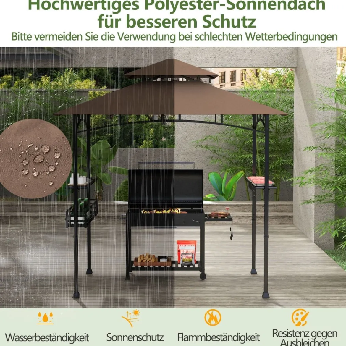 Grillpavillon mit Doppeldach & Seitenregalen & Metallkorb Grillüberdachungen Grillunterstand