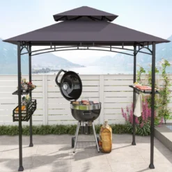 Grillpavillon mit Doppeldach & Seitenregalen & Metallkorb Grillüberdachungen Grillunterstand