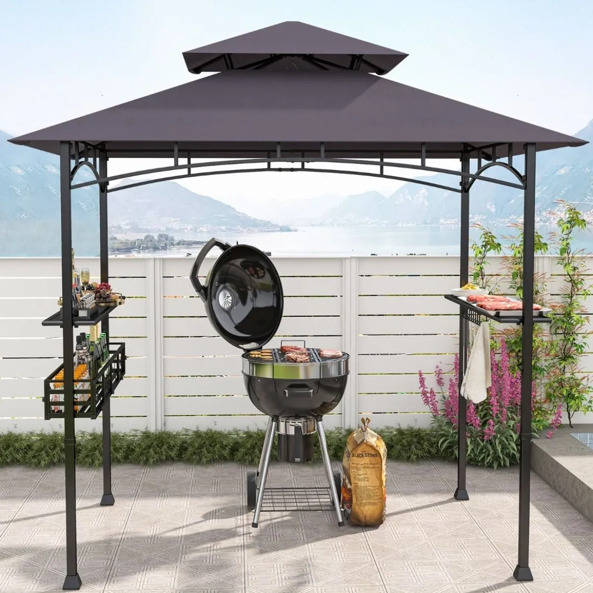 Grillpavillon mit Doppeldach & Seitenregalen & Metallkorb Grillüberdachungen Grillunterstand