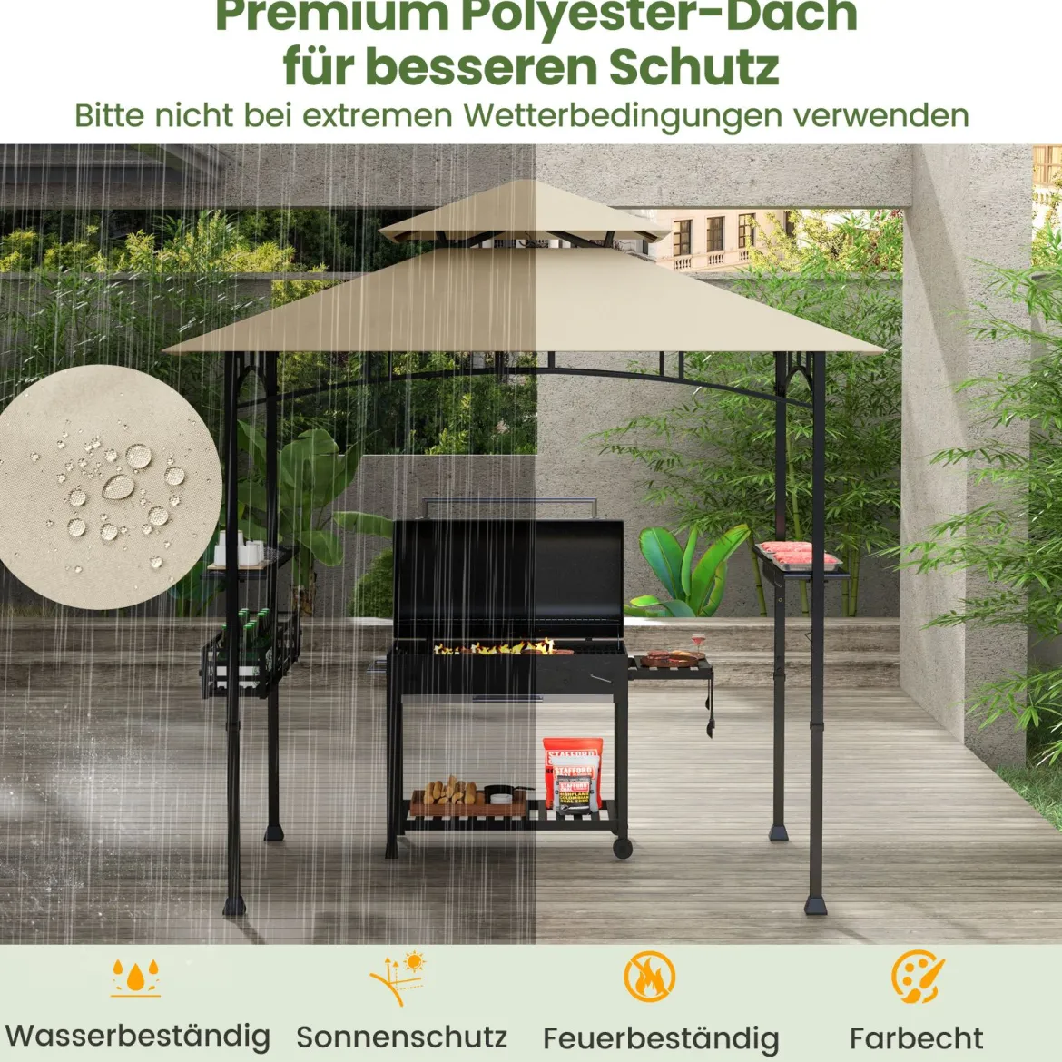 Grillpavillon mit Doppeldach & Seitenregalen & Metallkorb Grillüberdachungen Grillunterstand
