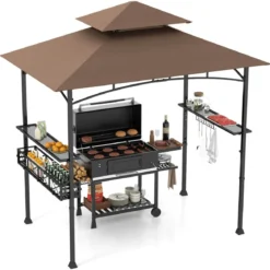 Grillpavillon mit Doppeldach & Seitenregalen & Metallkorb Grillüberdachungen Grillunterstand
