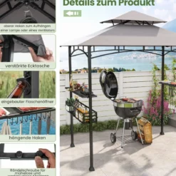 Grillpavillon mit Doppeldach & Seitenregalen & Metallkorb Grillüberdachungen Grillunterstand