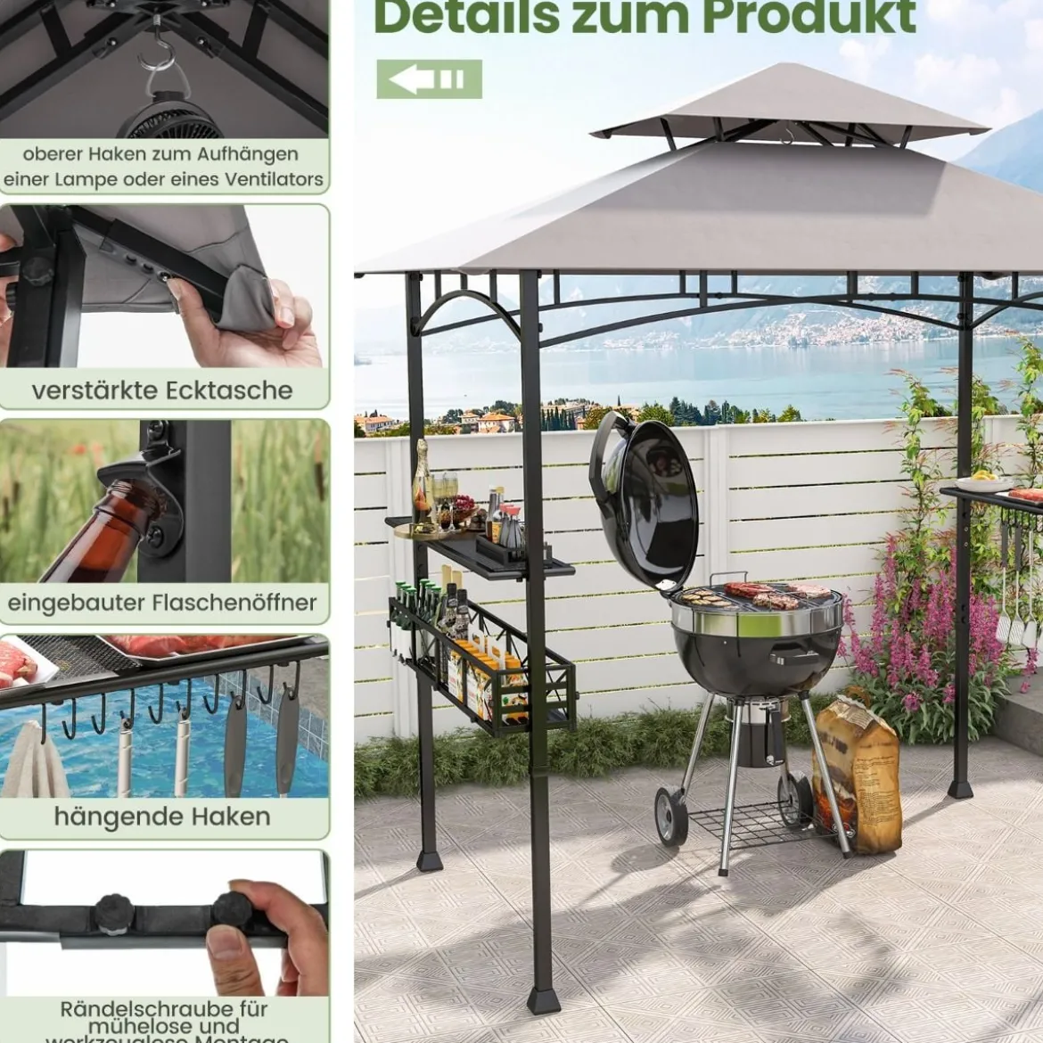 Grillpavillon mit Doppeldach & Seitenregalen & Metallkorb Grillüberdachungen Grillunterstand