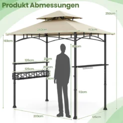 Grillpavillon mit Doppeldach & Seitenregalen & Metallkorb Grillüberdachungen Grillunterstand