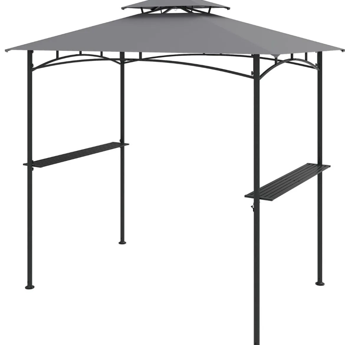 Grillpavillon mit Doppeldach & 2 Seitenregalen & 6 Haken Gartenpavillon BBQ Pavillon 242 x 150 cm Grau/Beige/Braun