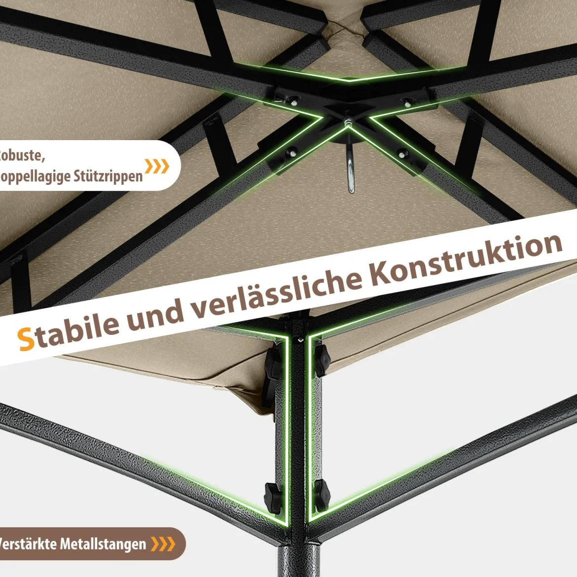 Grillpavillon mit Doppeldach & 2 Seitenregalen & 6 Haken Gartenpavillon BBQ Pavillon 242 x 150 cm Grau/Beige/Braun