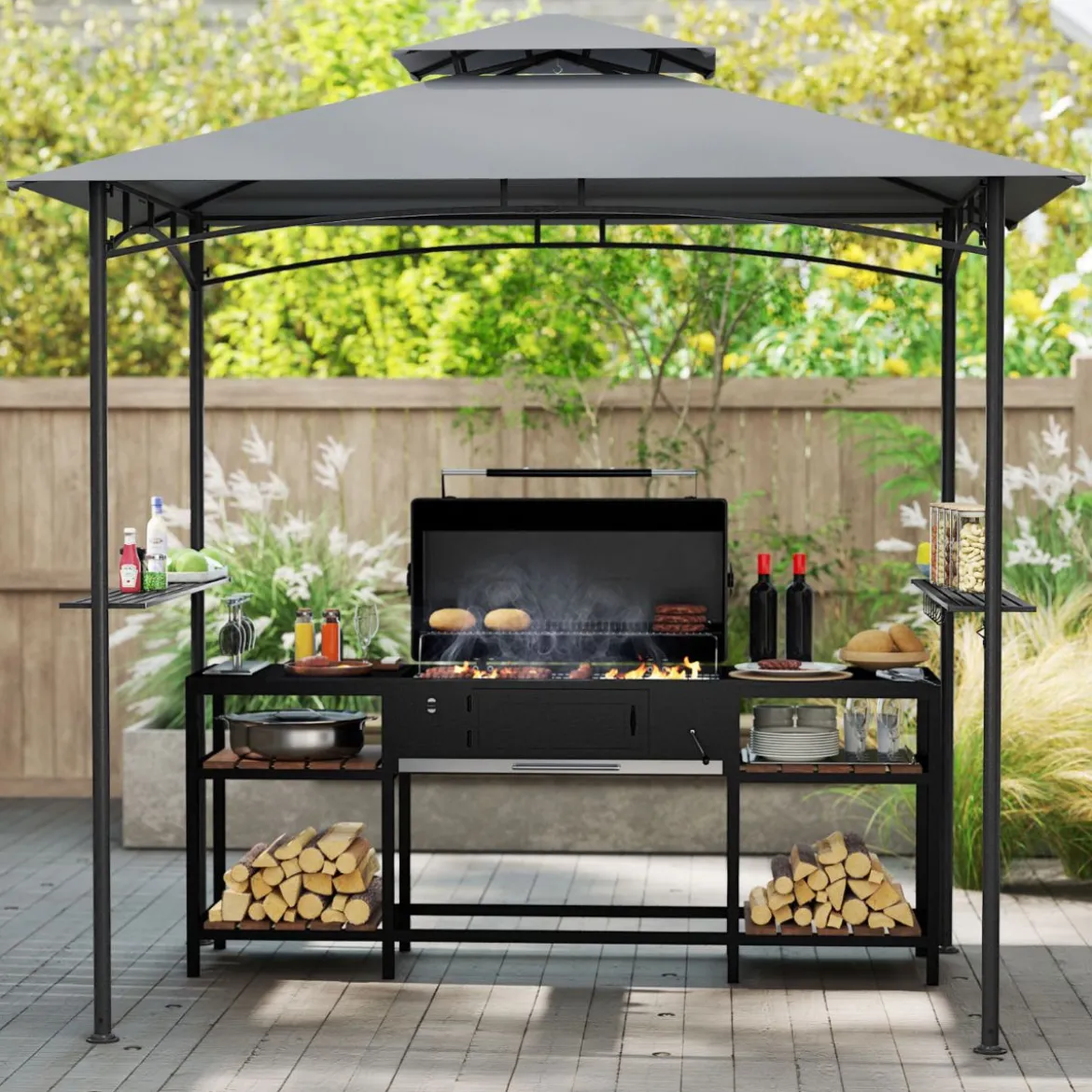 Grillpavillon mit Doppeldach & 2 Seitenregalen & 6 Haken Gartenpavillon BBQ Pavillon 242 x 150 cm Grau/Beige/Braun