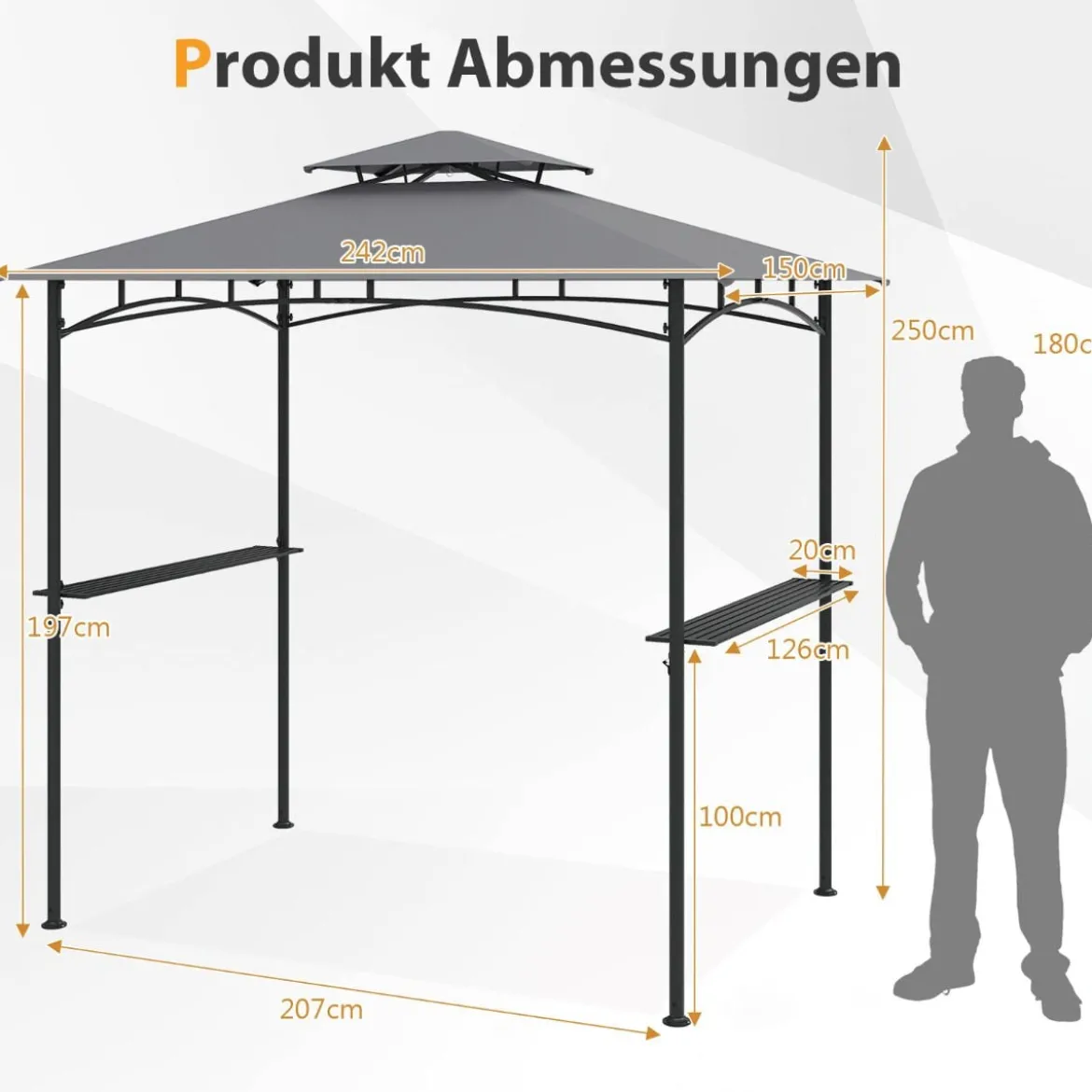 Grillpavillon mit Doppeldach & 2 Seitenregalen & 6 Haken Gartenpavillon BBQ Pavillon 242 x 150 cm Grau/Beige/Braun