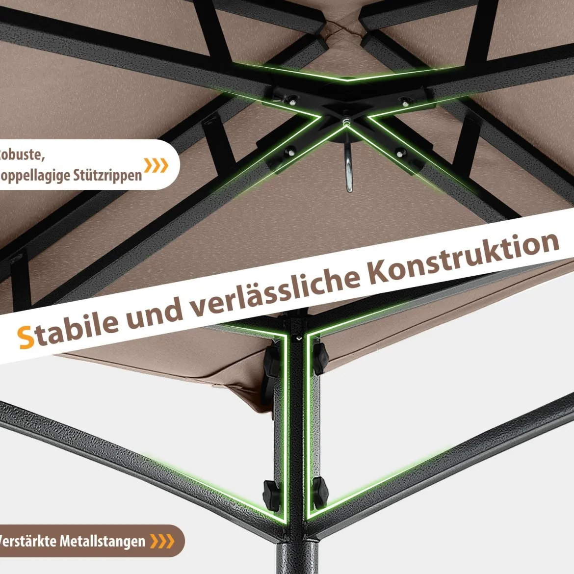 Grillpavillon mit Doppeldach & 2 Seitenregalen & 6 Haken Gartenpavillon BBQ Pavillon 242 x 150 cm Grau/Beige/Braun