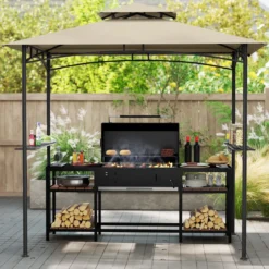Grillpavillon mit Doppeldach & 2 Seitenregalen & 6 Haken Gartenpavillon BBQ Pavillon 242 x 150 cm Grau/Beige/Braun