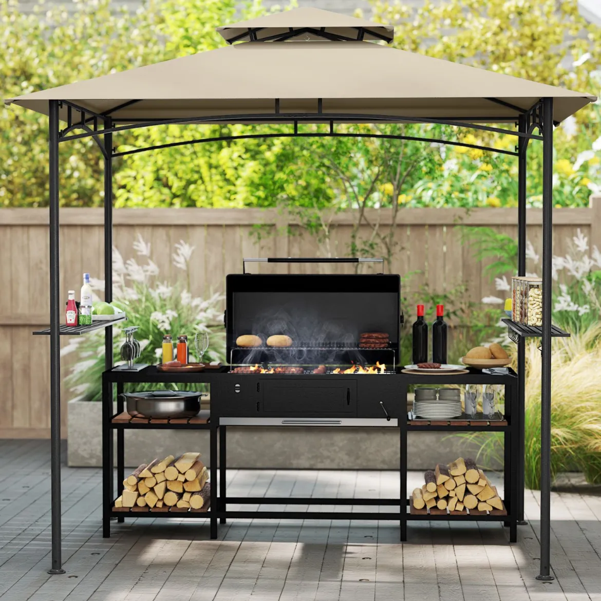 Grillpavillon mit Doppeldach & 2 Seitenregalen & 6 Haken Gartenpavillon BBQ Pavillon 242 x 150 cm Grau/Beige/Braun