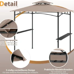 Grillpavillon mit Doppeldach & 2 Seitenregalen & 6 Haken Gartenpavillon BBQ Pavillon 242 x 150 cm Grau/Beige/Braun