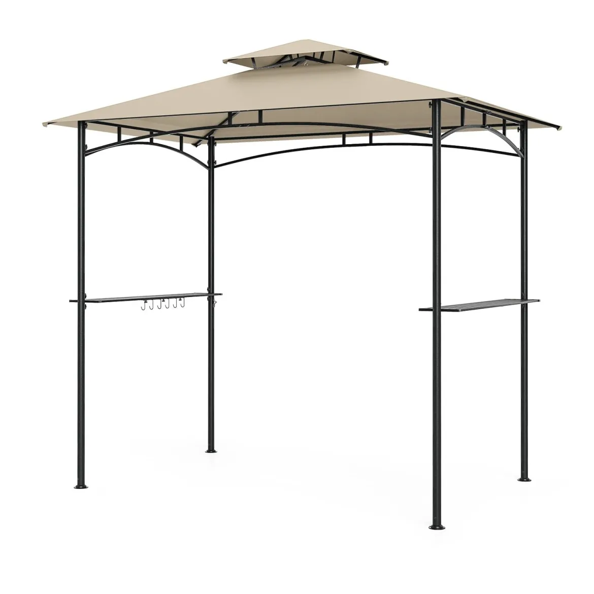 Grillpavillon mit Doppeldach & 2 Seitenregalen & 6 Haken Gartenpavillon BBQ Pavillon 242 x 150 cm Grau/Beige/Braun