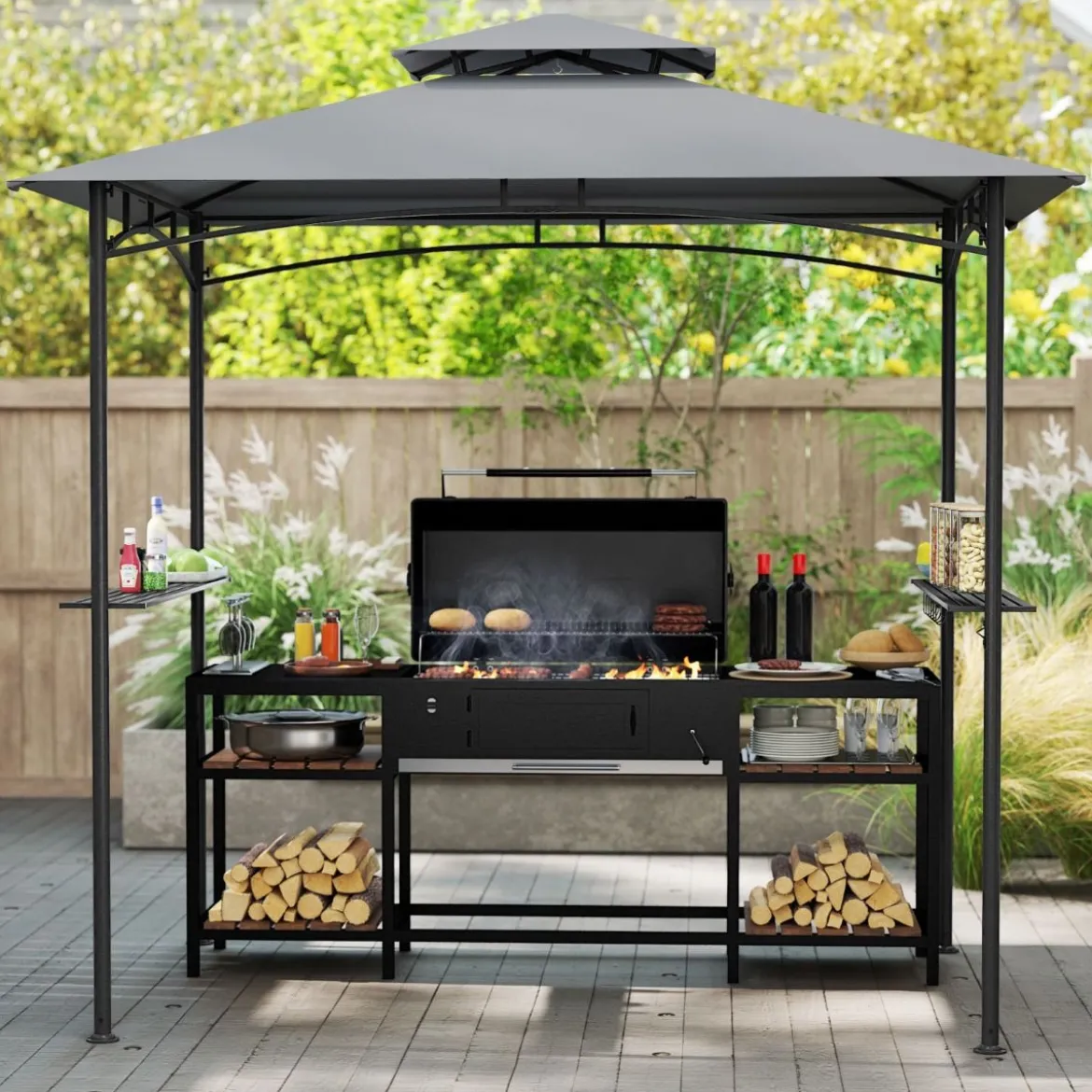 Grillpavillon mit Doppeldach & 2 Seitenregalen & 6 Haken Gartenpavillon BBQ Pavillon 242 x 150 cm Grau/Beige/Braun