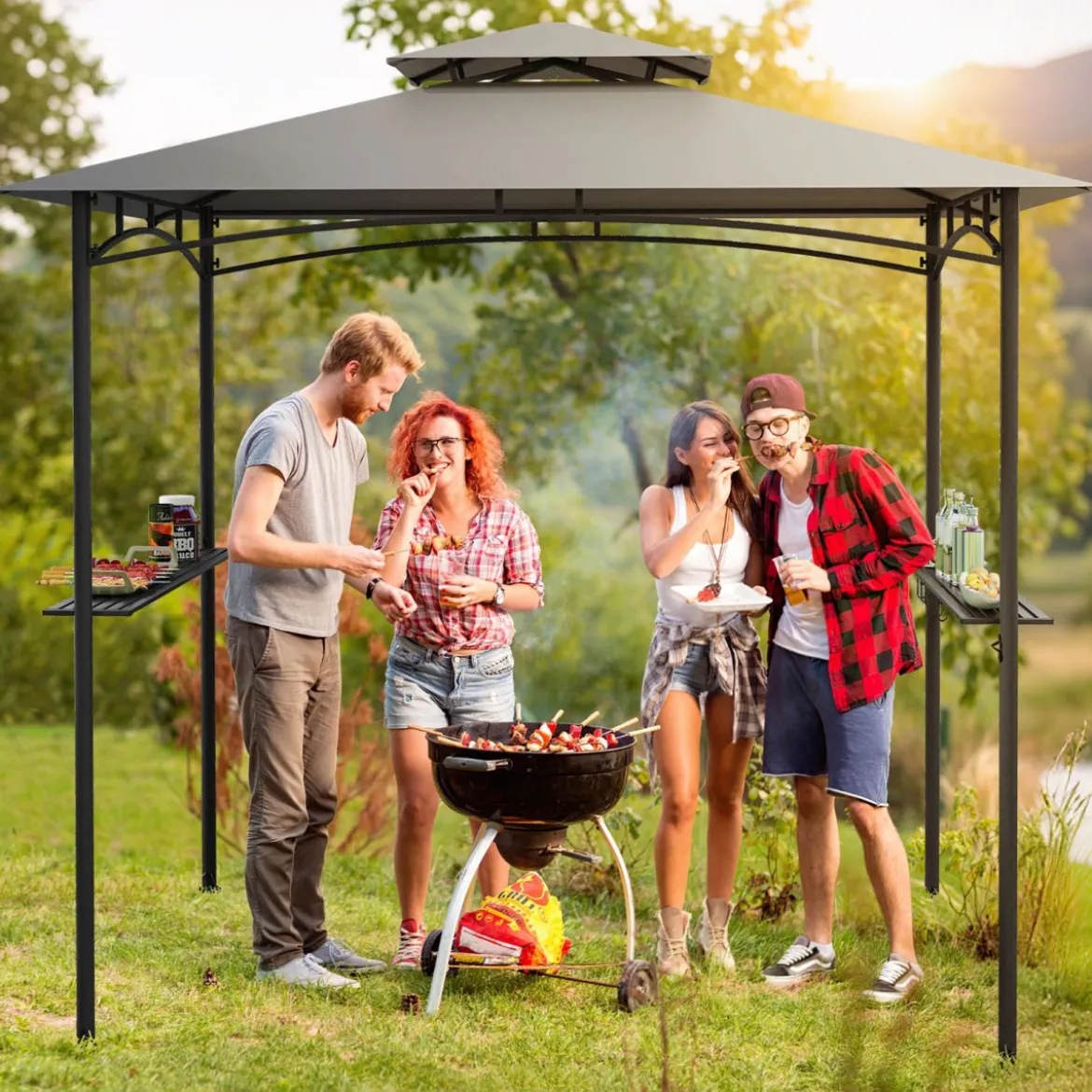 Grillpavillon mit Doppeldach & 2 Seitenregalen & 6 Haken Gartenpavillon BBQ Pavillon 242 x 150 cm Grau/Beige/Braun
