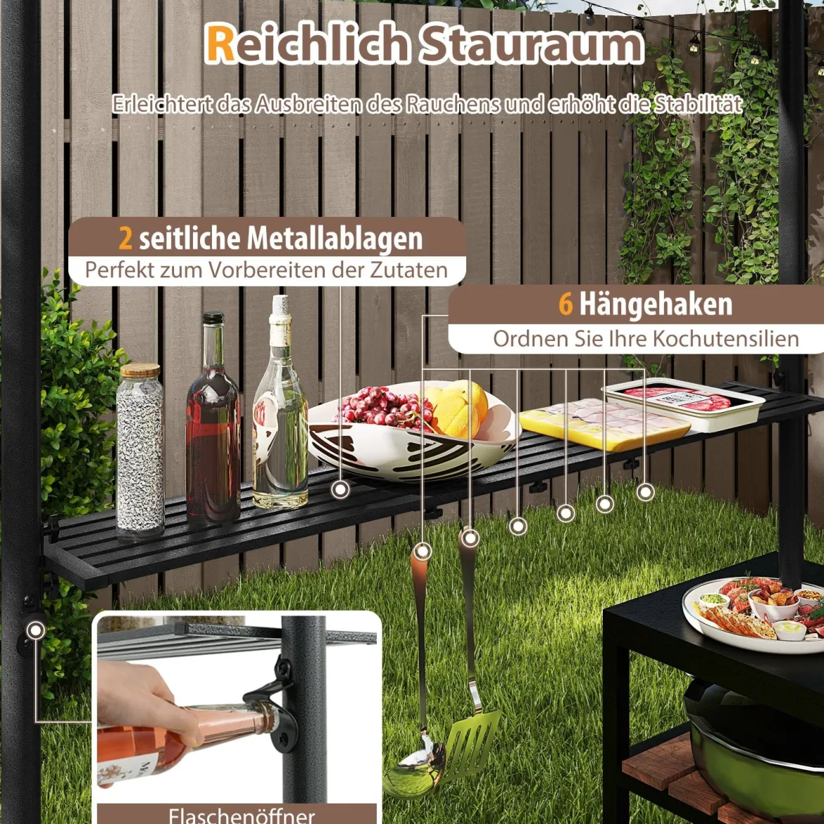 Grillpavillon mit Doppeldach & 2 Seitenregalen & 6 Haken Gartenpavillon BBQ Pavillon 242 x 150 cm Grau/Beige/Braun