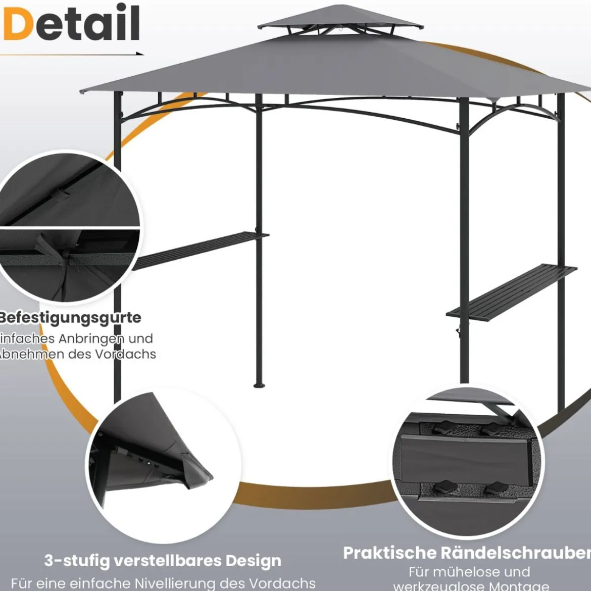 Grillpavillon mit Doppeldach & 2 Seitenregalen & 6 Haken Gartenpavillon BBQ Pavillon 242 x 150 cm Grau/Beige/Braun