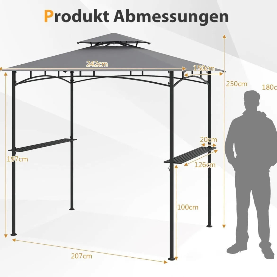Grillpavillon mit Doppeldach & 2 Seitenregalen & 6 Haken Gartenpavillon BBQ Pavillon 242 x 150 cm Grau/Beige/Braun