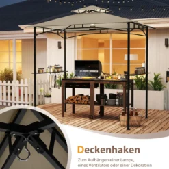 Grillpavillon mit Doppeldach & 2 Seitenregalen & 6 Haken Gartenpavillon BBQ Pavillon 242 x 150 cm Grau/Beige/Braun