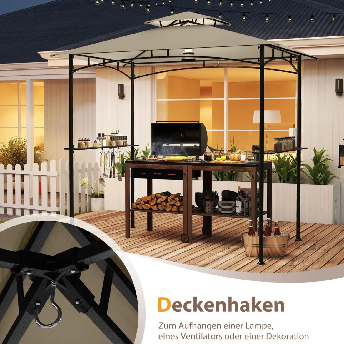 Grillpavillon mit Doppeldach & 2 Seitenregalen & 6 Haken Gartenpavillon BBQ Pavillon 242 x 150 cm Grau/Beige/Braun