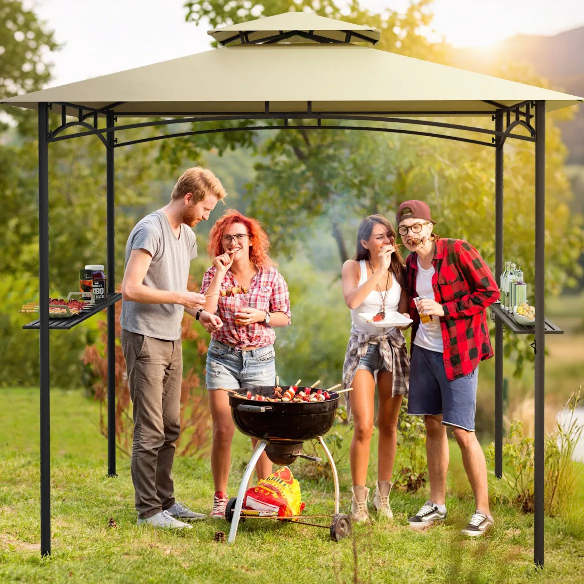 Grillpavillon mit Doppeldach & 2 Seitenregalen & 6 Haken Gartenpavillon BBQ Pavillon 242 x 150 cm Grau/Beige/Braun