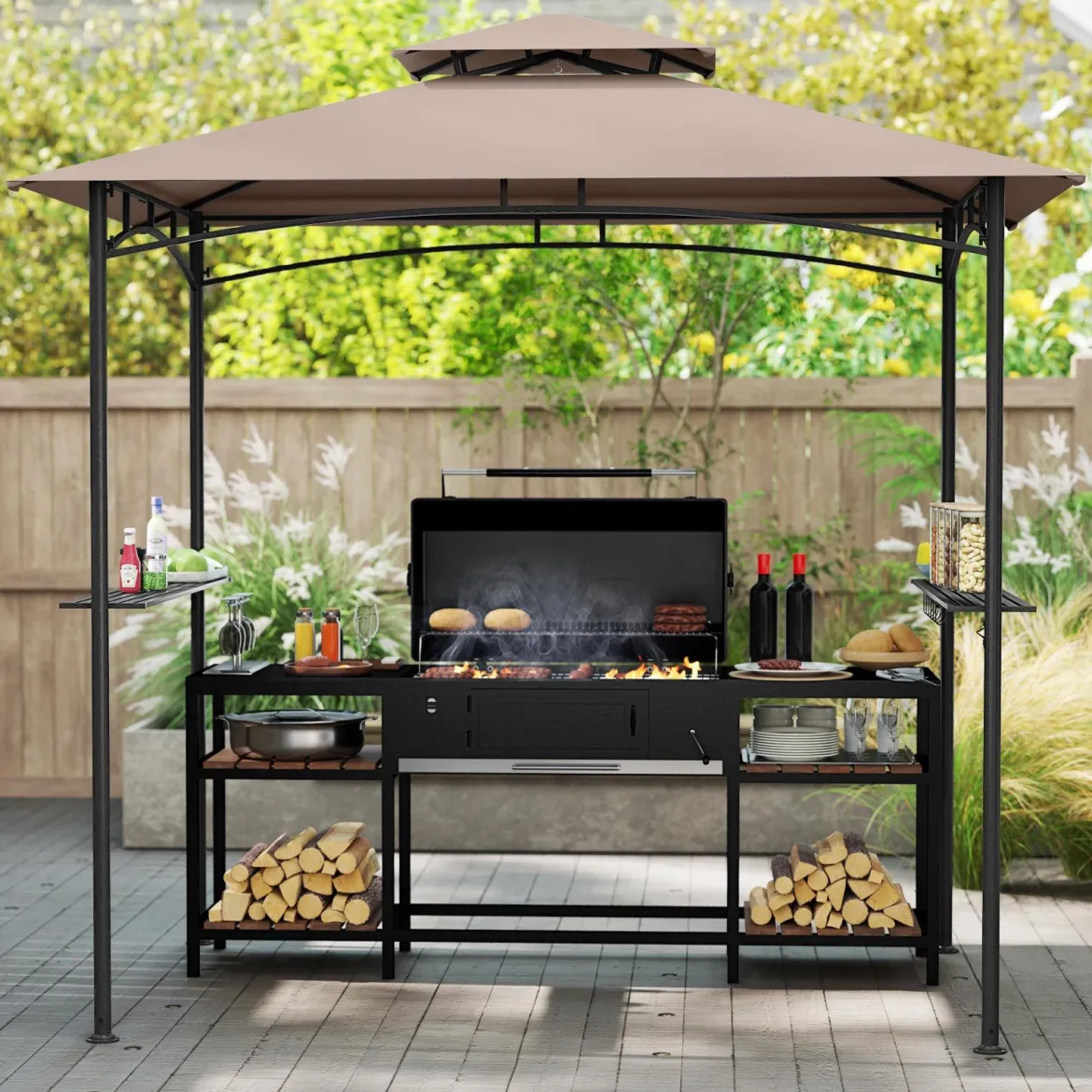 Grillpavillon mit Doppeldach & 2 Seitenregalen & 6 Haken Gartenpavillon BBQ Pavillon 242 x 150 cm Grau/Beige/Braun