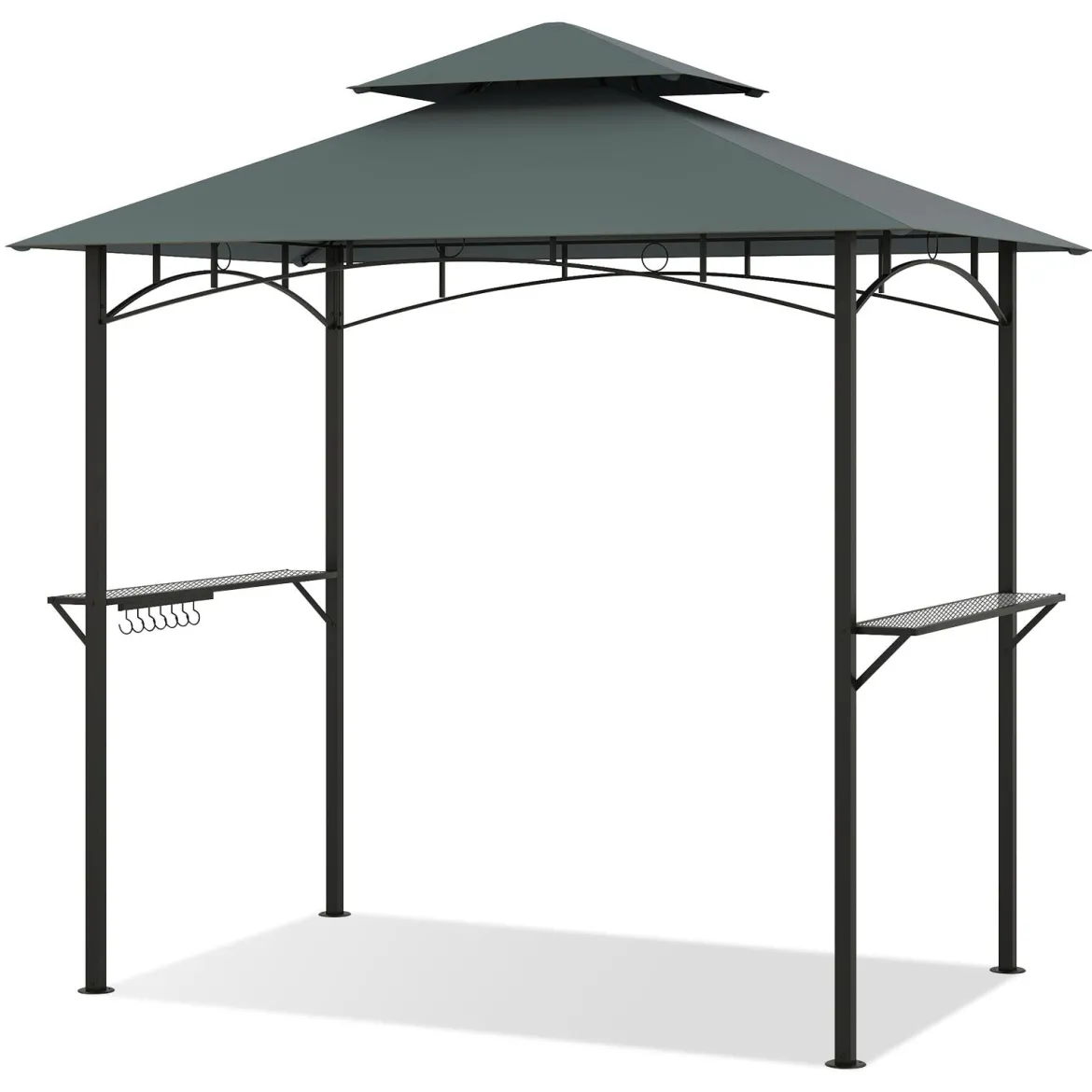 Grillpavillon mit Doppeldach & Seitenregalen & 7 Haken Wetterfeste Grillüberdachung Grau