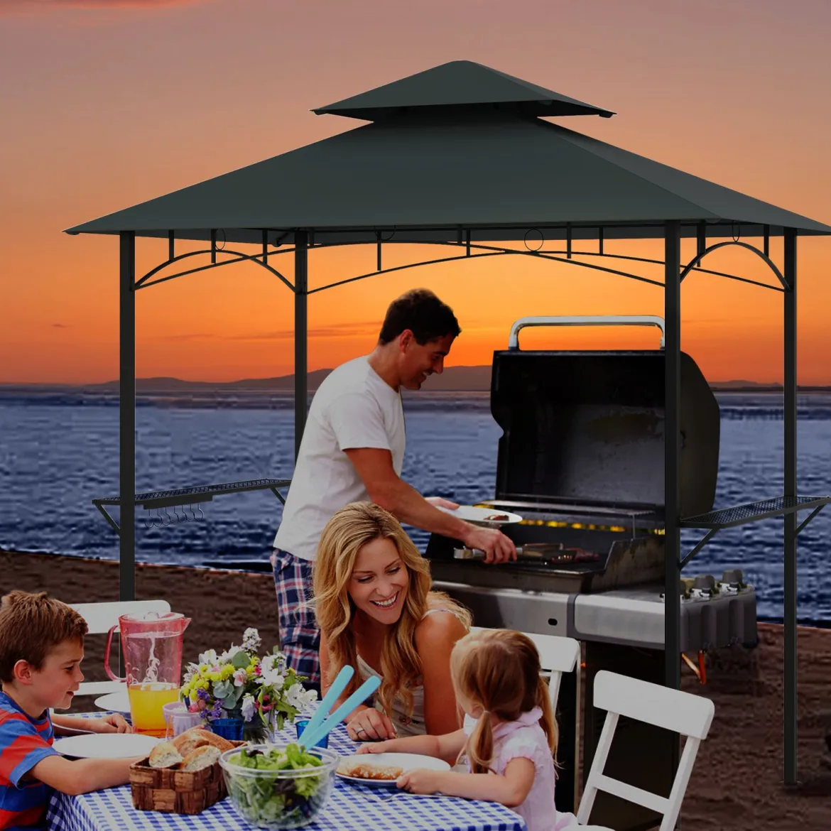 Grillpavillon mit Doppeldach & Seitenregalen & 7 Haken Wetterfeste Grillüberdachung Grau
