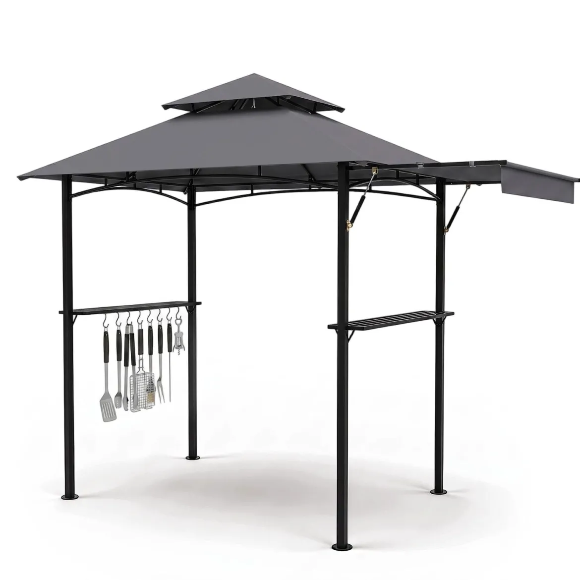Grillpavillon mit Doppeldach & Ausziehbarer Seitenmarkise Gartenpavillon mit Metallablagen 247 x 150 x 254 cm