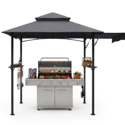 Grillpavillon mit Doppeldach & Ausziehbarer Seitenmarkise Gartenpavillon mit Metallablagen 247 x 150 x 254 cm