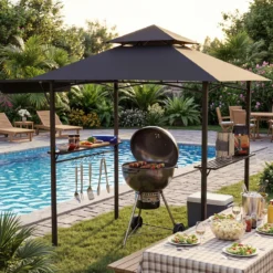 Grillpavillon mit Doppeldach & Ausziehbarer Seitenmarkise Gartenpavillon mit Metallablagen 247 x 150 x 254 cm