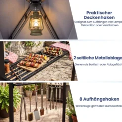 Grillpavillon mit Doppeldach & Ausziehbarer Seitenmarkise Gartenpavillon mit Metallablagen 247 x 150 x 254 cm