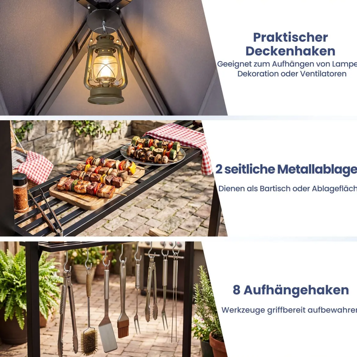 Grillpavillon mit Doppeldach & Ausziehbarer Seitenmarkise Gartenpavillon mit Metallablagen 247 x 150 x 254 cm