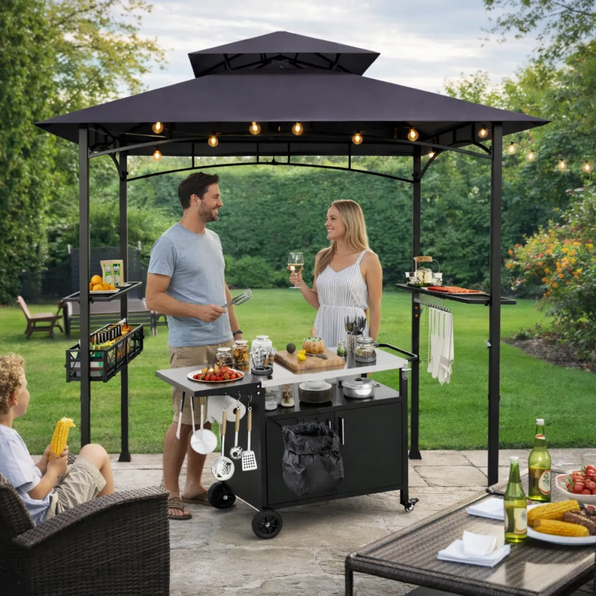 Grillpavillon mit Grillwagen Grillüberdachungen wetterfest Grilltisch Outdoor