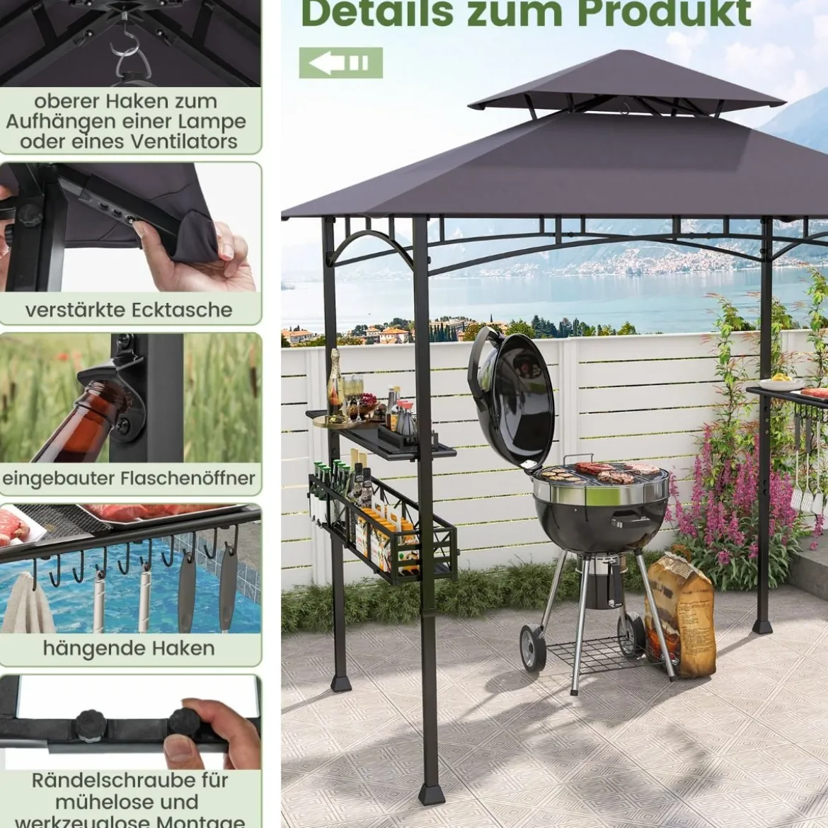 Grillpavillon mit Grillwagen Grillüberdachungen wetterfest Grilltisch Outdoor