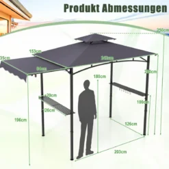 Grillpavillon mit Seitenmarkise Doppeldach 2 Seitenregalen & Haken Gartenpavillon BBQ Pavillon