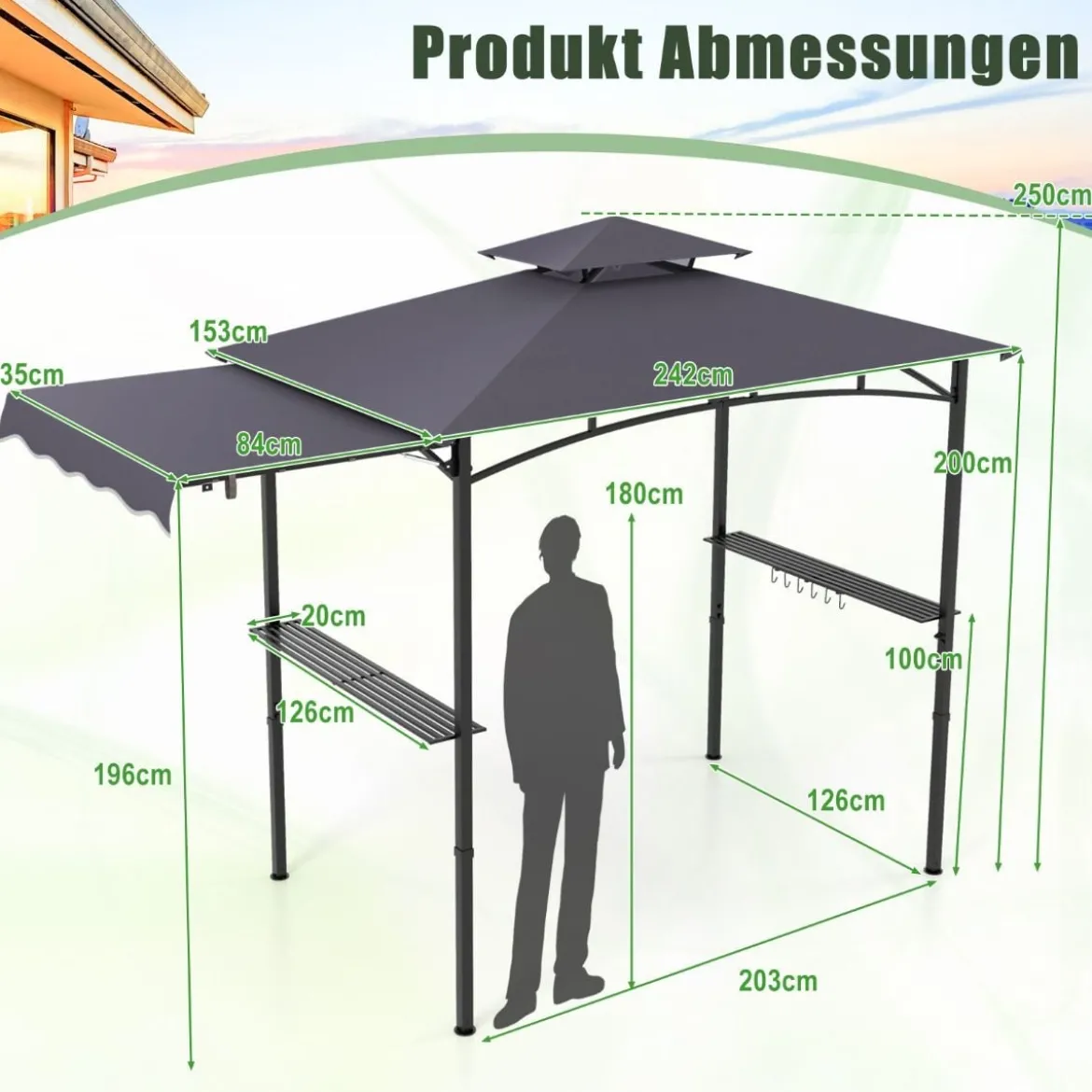 Grillpavillon mit Seitenmarkise Doppeldach 2 Seitenregalen & Haken Gartenpavillon BBQ Pavillon