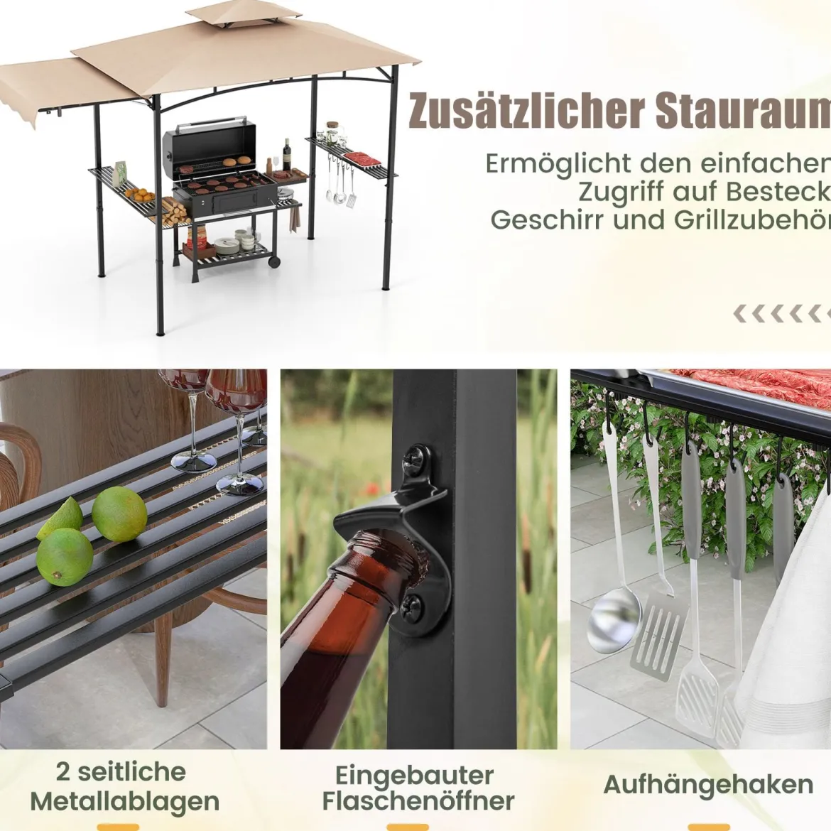 Grillpavillon mit Seitenmarkise Doppeldach 2 Seitenregalen & Haken Gartenpavillon BBQ Pavillon