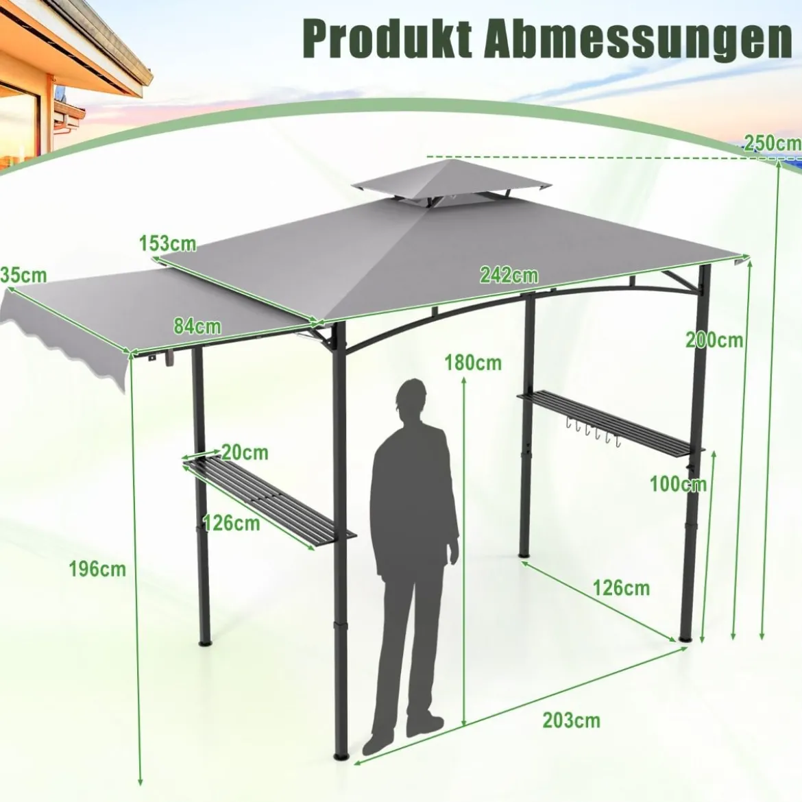 Grillpavillon mit Seitenmarkise Doppeldach 2 Seitenregalen & Haken Gartenpavillon BBQ Pavillon
