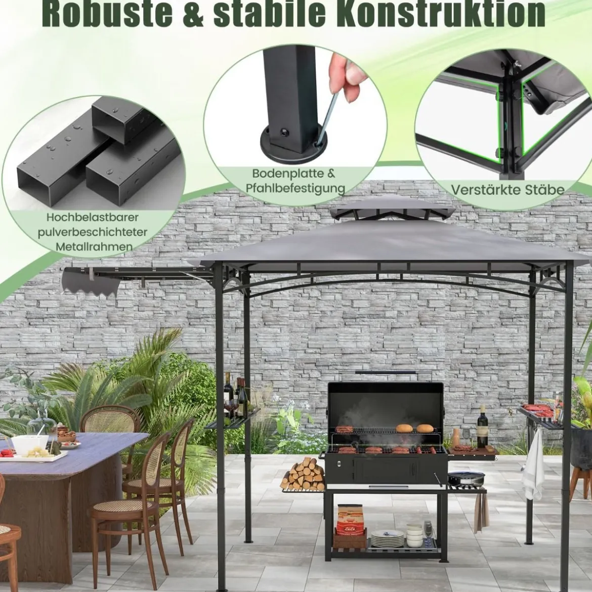 Grillpavillon mit Seitenmarkise Doppeldach 2 Seitenregalen & Haken Gartenpavillon BBQ Pavillon