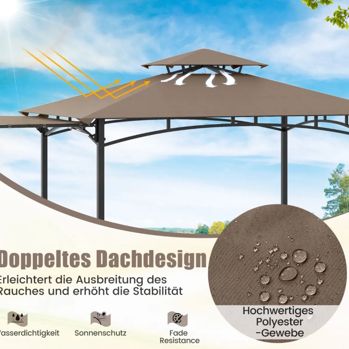 Grillpavillon mit Seitenmarkise Doppeldach 2 Seitenregalen & Haken Gartenpavillon BBQ Pavillon