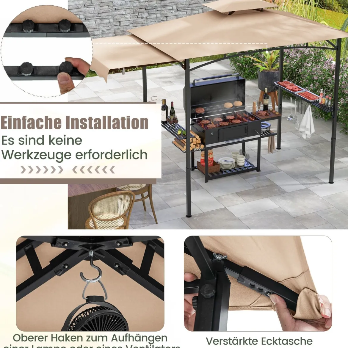 Grillpavillon mit Seitenmarkise Doppeldach 2 Seitenregalen & Haken Gartenpavillon BBQ Pavillon