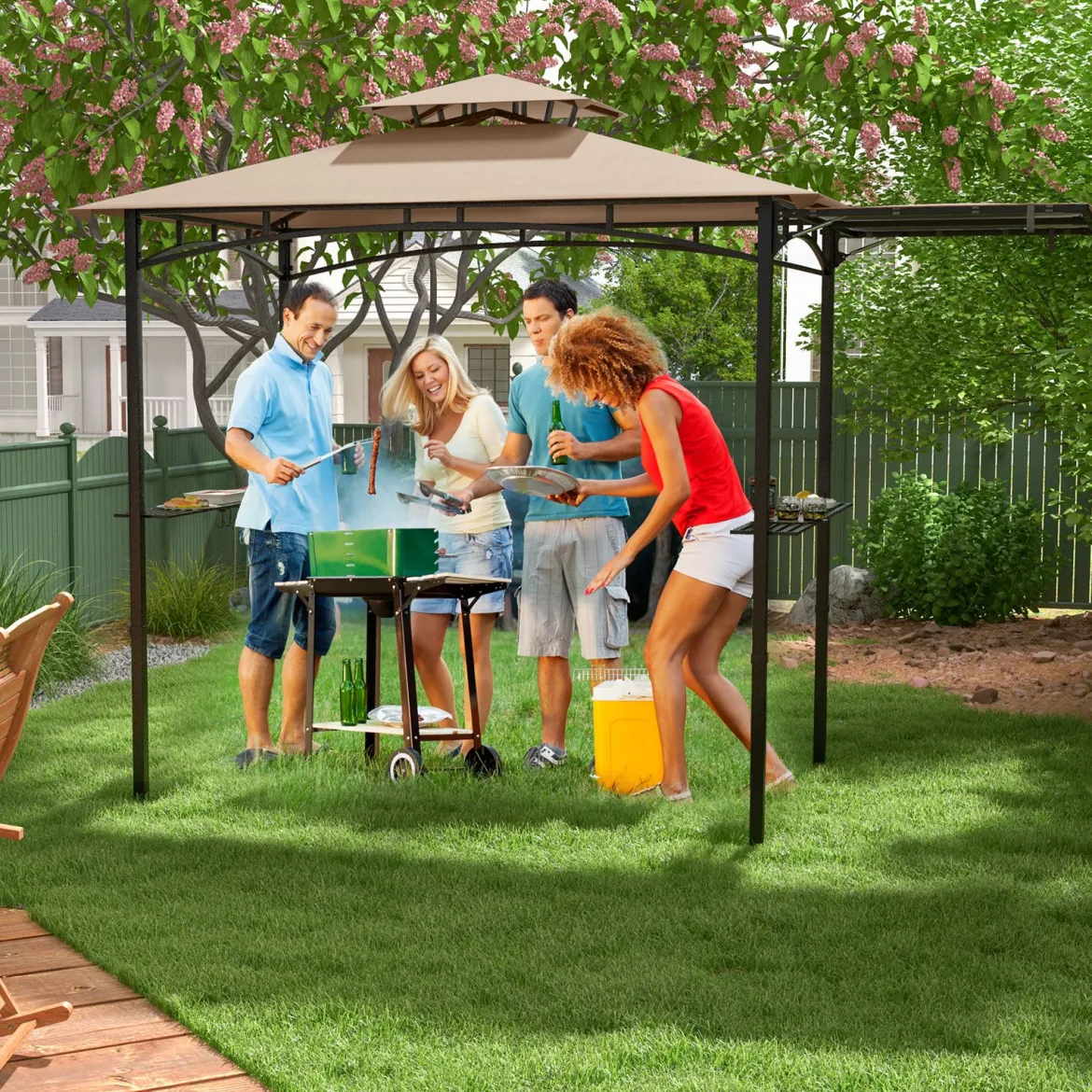 Grillpavillon mit Seitenmarkise Doppeldach 2 Seitenregalen & Haken Gartenpavillon BBQ Pavillon