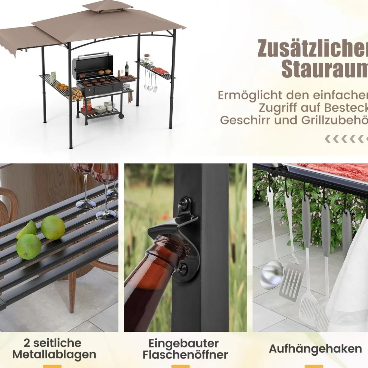 Grillpavillon mit Seitenmarkise Doppeldach 2 Seitenregalen & Haken Gartenpavillon BBQ Pavillon