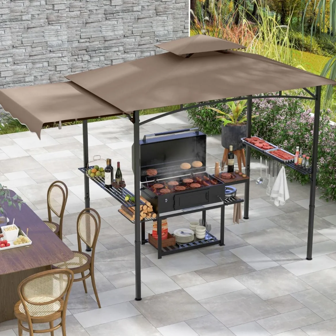 Grillpavillon mit Seitenmarkise Doppeldach 2 Seitenregalen & Haken Gartenpavillon BBQ Pavillon